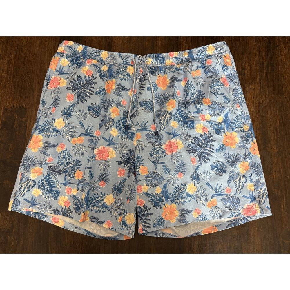 Peter Millar Mens Tropical/ Floral Print Blue Swim Trunks Elastic Waist Size XL
